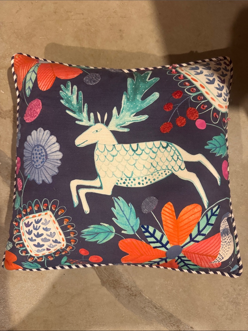 Anthropologie Navy Floral Deer Decorative Throw Pillow